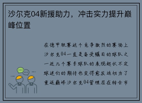 沙尔克04新援助力，冲击实力提升巅峰位置