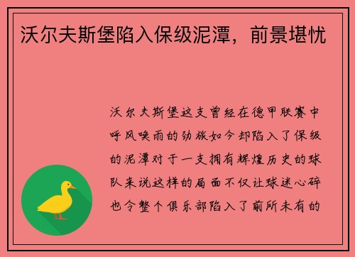 沃尔夫斯堡陷入保级泥潭，前景堪忧
