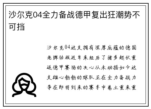 沙尔克04全力备战德甲复出狂潮势不可挡