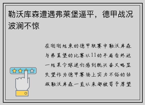 勒沃库森遭遇弗莱堡逼平，德甲战况波澜不惊