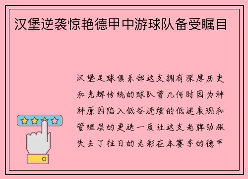 汉堡逆袭惊艳德甲中游球队备受瞩目