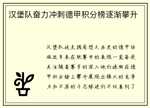 汉堡队奋力冲刺德甲积分榜逐渐攀升