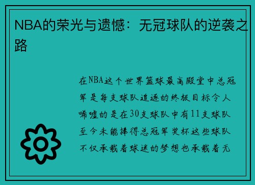 NBA的荣光与遗憾：无冠球队的逆袭之路