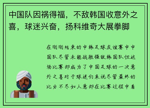 中国队因祸得福，不敌韩国收意外之喜，球迷兴奋，扬科维奇大展拳脚