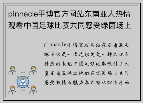 pinnacle平博官方网站东南亚人热情观看中国足球比赛共同感受绿茵场上的激情与魅力