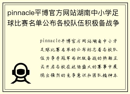 pinnacle平博官方网站湖南中小学足球比赛名单公布各校队伍积极备战争夺冠军
