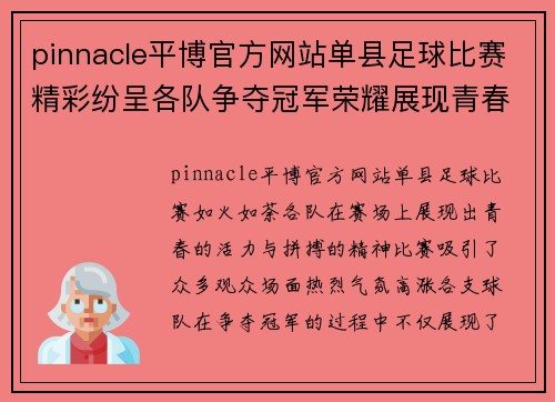 pinnacle平博官方网站单县足球比赛精彩纷呈各队争夺冠军荣耀展现青春风采